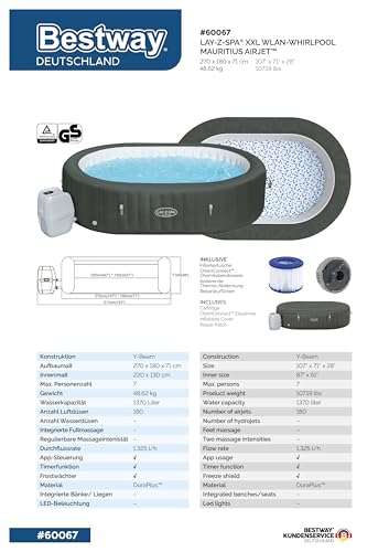 Bestway LAY-Z-SPA XXL WLAN-Whirlpool Mauritius AirJet 270 x 180 x 71 cm, oval