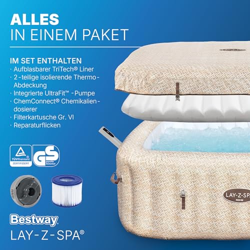 Bestway Lay-Z-SPA Whirlpool Rome AirJet, 201 x 201 x 71 cm, 7 Personen, Energiesparend, 180 AirJet-Düsen, App-Steuerung, UltraFit-Pumpeneinheit, Thermo-Abdeckung, TÜV Rheinland, Sandmarmor-Optik
