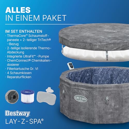 Bestway® Lay-Z-SPA® Energiespar-Whirlpool mit Schaumstoffpaneelen Carrara AirJet™ mit App-Steuerung + integrierter UltraFit™ -Pumpeneinheit, für 6 Personen Ø 170 x 65 cm, Dunkle Alabaster-Optik
