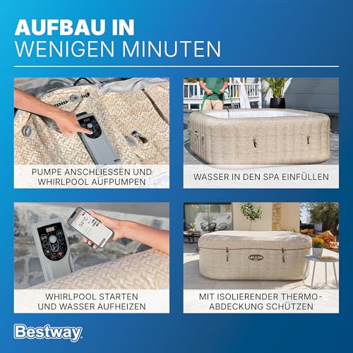 Bestway Lay-Z-SPA Whirlpool Rome AirJet, 201 x 201 x 71 cm, 7 Personen, Energiesparend, 180 AirJet-Düsen, App-Steuerung, UltraFit-Pumpeneinheit, Thermo-Abdeckung, TÜV Rheinland, Sandmarmor-Optik