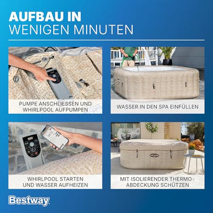 Bestway Lay-Z-SPA Whirlpool Rome AirJet, 201 x 201 x 71 cm, 7 Personen, Energiesparend, 180 AirJet-Düsen, App-Steuerung, UltraFit-Pumpeneinheit, Thermo-Abdeckung, TÜV Rheinland, Sandmarmor-Optik