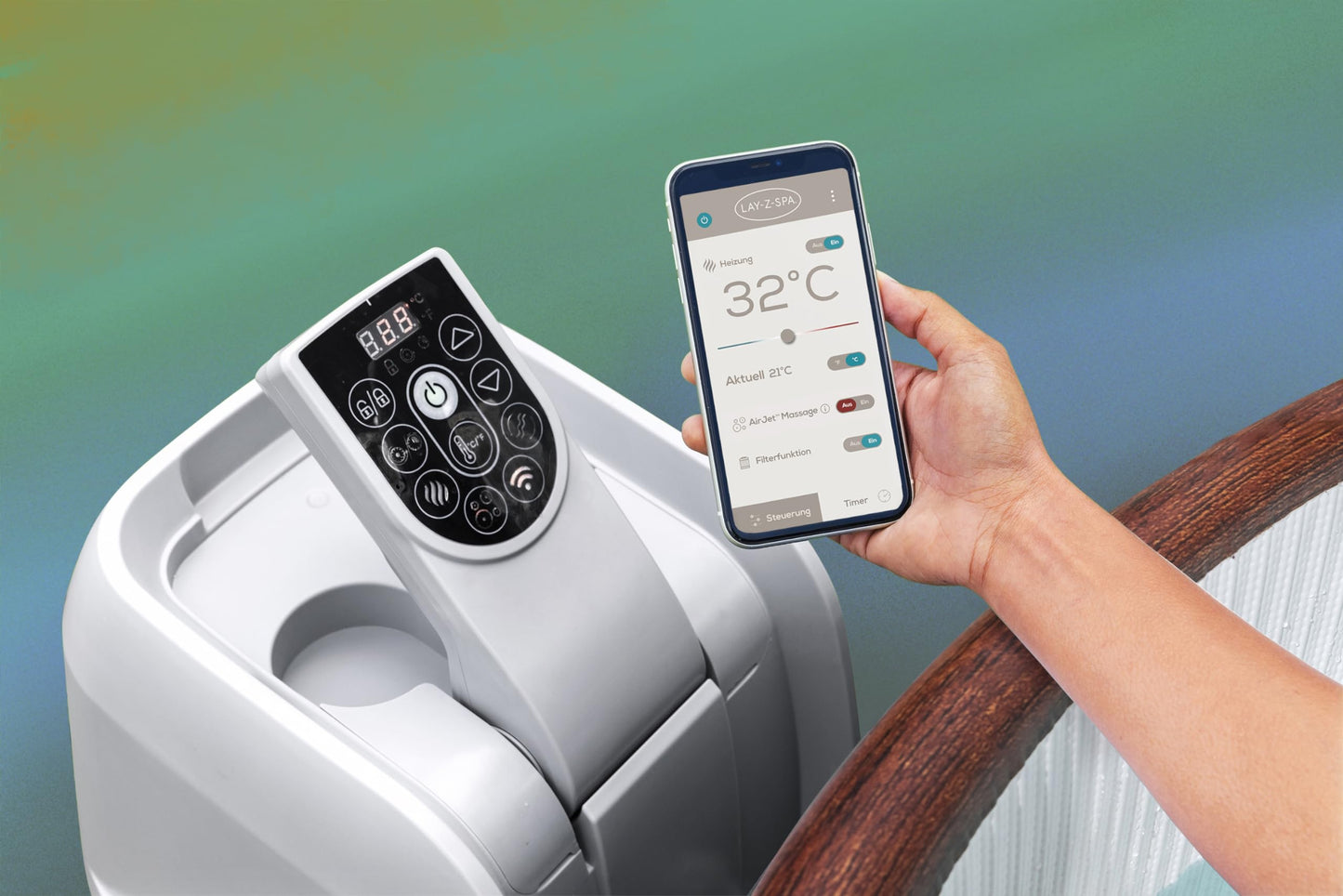 Bestway® LAY-Z-SPA® Whirlpool Helsinki AirJet Plus™ für 7 Personen, Ø 180 x 66 cm, Holz-Optik (Pinie)