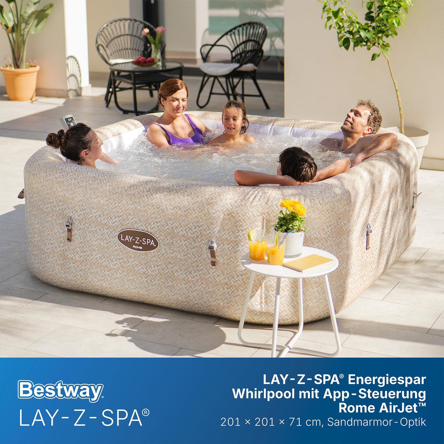 Bestway Lay-Z-SPA Whirlpool Rome AirJet, 201 x 201 x 71 cm, 7 Personen, Energiesparend, 180 AirJet-Düsen, App-Steuerung, UltraFit-Pumpeneinheit, Thermo-Abdeckung, TÜV Rheinland, Sandmarmor-Optik
