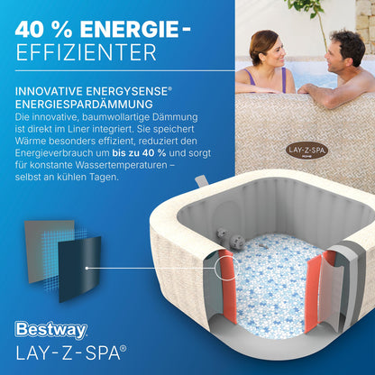 Bestway Lay-Z-SPA Whirlpool Rome AirJet, 201 x 201 x 71 cm, 7 Personen, Energiesparend, 180 AirJet-Düsen, App-Steuerung, UltraFit-Pumpeneinheit, Thermo-Abdeckung, TÜV Rheinland, Sandmarmor-Optik
