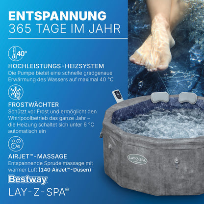 Bestway® Lay-Z-SPA® Energiespar-Whirlpool mit Schaumstoffpaneelen Carrara AirJet™ mit App-Steuerung + integrierter UltraFit™ -Pumpeneinheit, für 6 Personen Ø 170 x 65 cm, Dunkle Alabaster-Optik