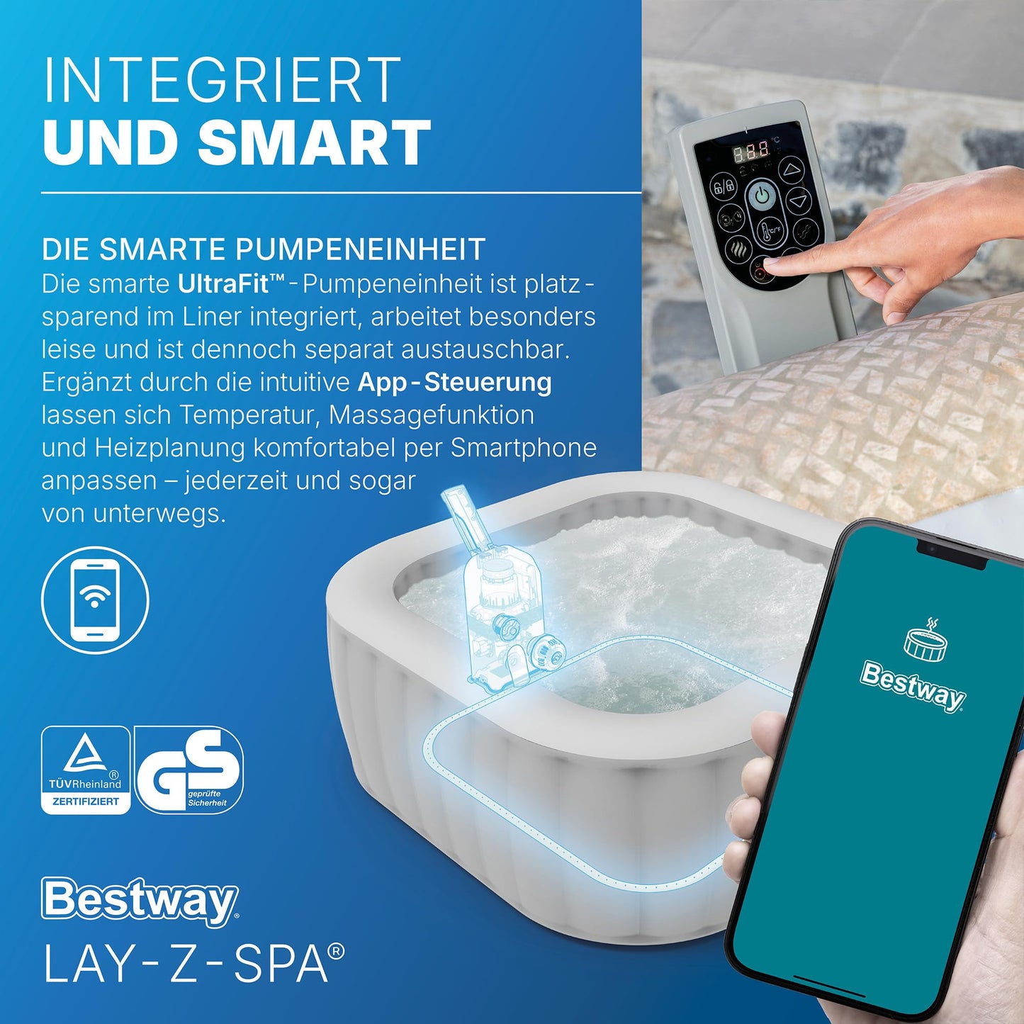 Bestway Lay-Z-SPA Whirlpool Rome AirJet, 201 x 201 x 71 cm, 7 Personen, Energiesparend, 180 AirJet-Düsen, App-Steuerung, UltraFit-Pumpeneinheit, Thermo-Abdeckung, TÜV Rheinland, Sandmarmor-Optik