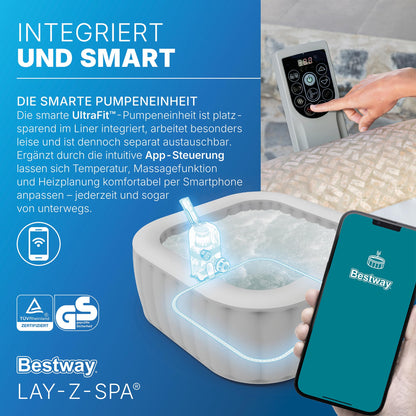 Bestway Lay-Z-SPA Whirlpool Rome AirJet, 201 x 201 x 71 cm, 7 Personen, Energiesparend, 180 AirJet-Düsen, App-Steuerung, UltraFit-Pumpeneinheit, Thermo-Abdeckung, TÜV Rheinland, Sandmarmor-Optik