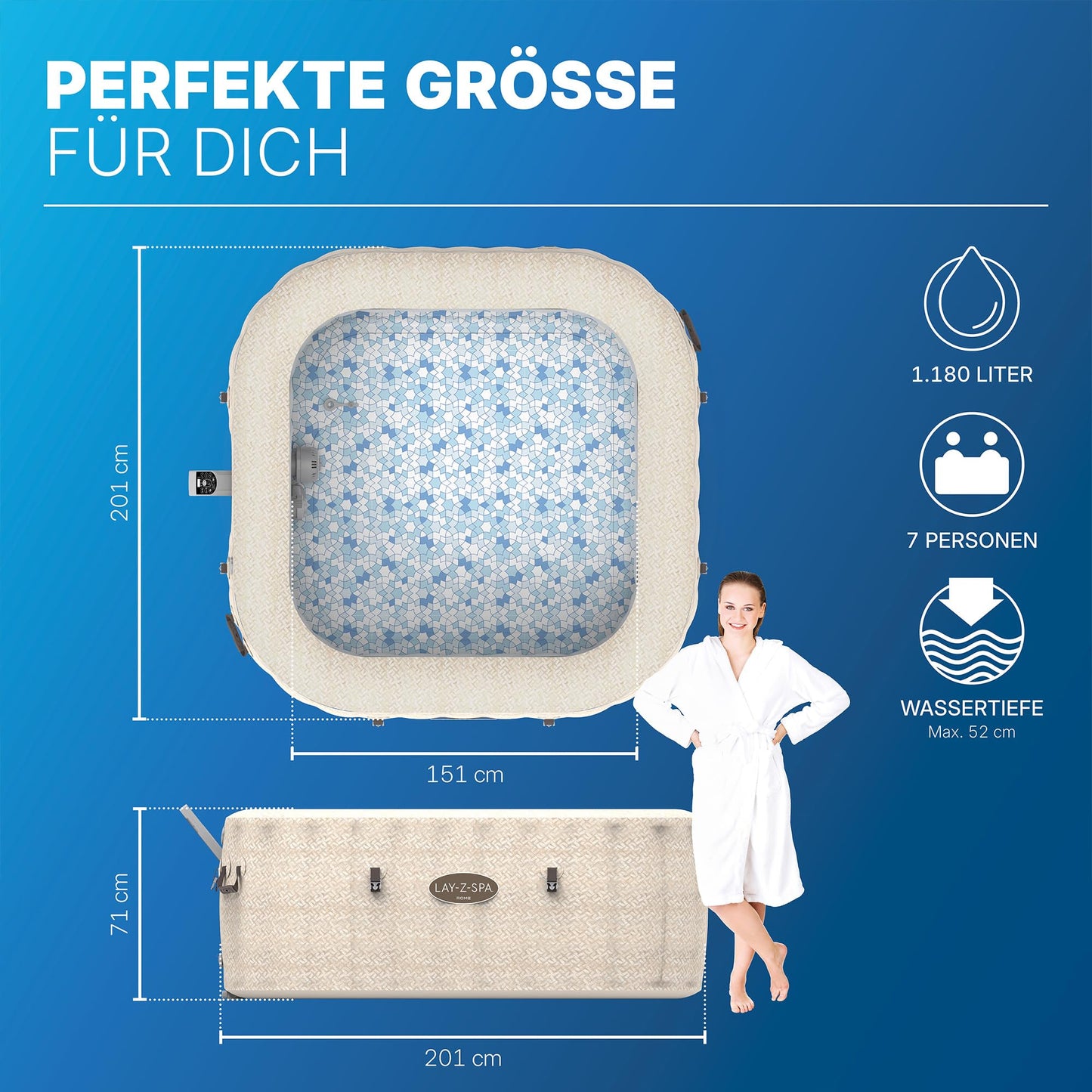 Bestway Lay-Z-SPA Whirlpool Rome AirJet, 201 x 201 x 71 cm, 7 Personen, Energiesparend, 180 AirJet-Düsen, App-Steuerung, UltraFit-Pumpeneinheit, Thermo-Abdeckung, TÜV Rheinland, Sandmarmor-Optik