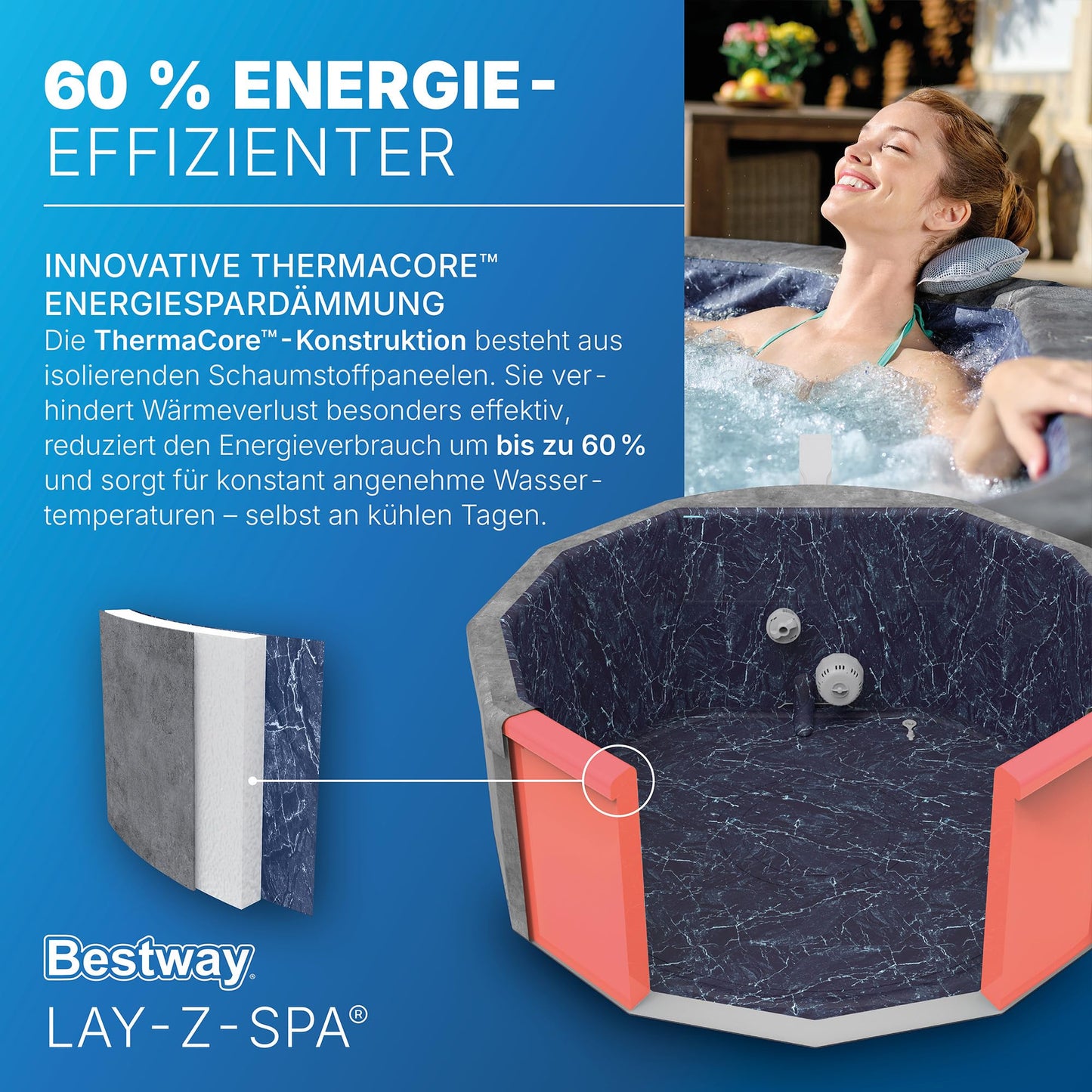Bestway® Lay-Z-SPA® Energiespar-Whirlpool mit Schaumstoffpaneelen Carrara AirJet™ mit App-Steuerung + integrierter UltraFit™ -Pumpeneinheit, für 6 Personen Ø 170 x 65 cm, Dunkle Alabaster-Optik