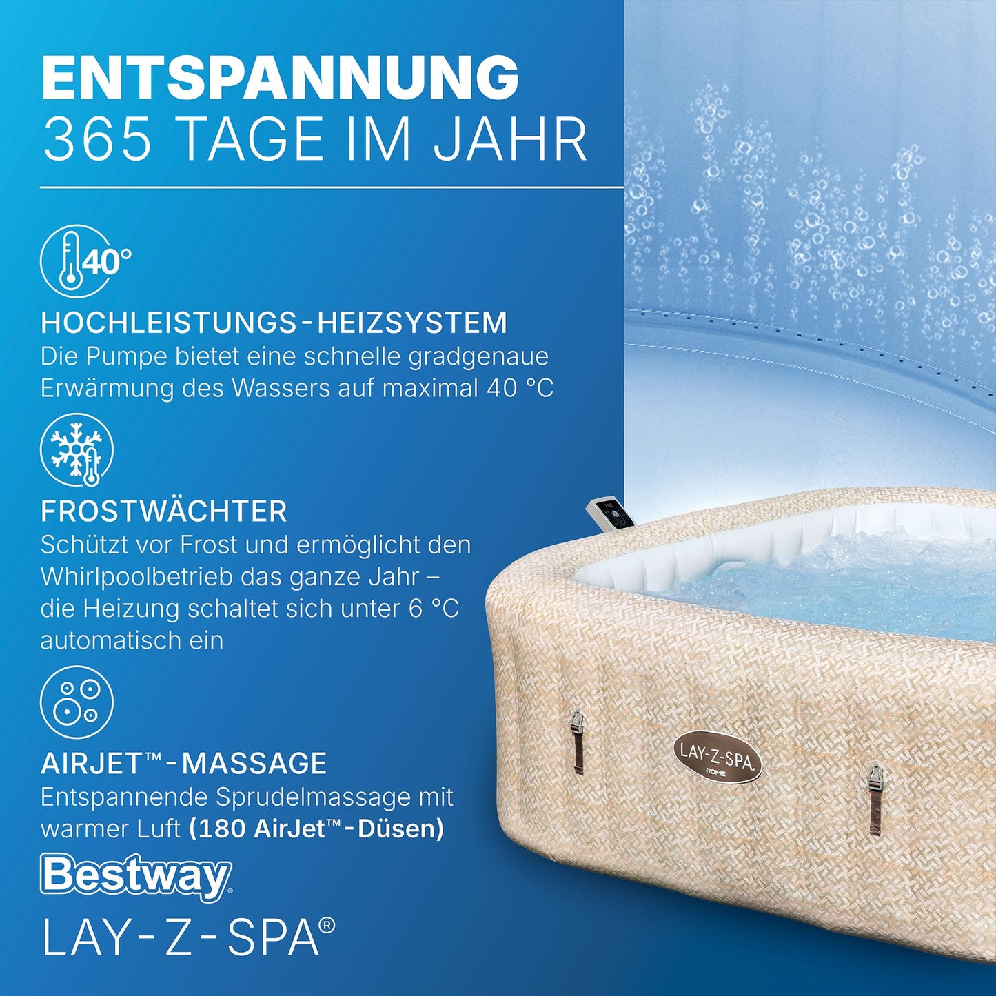 Bestway Lay-Z-SPA Whirlpool Rome AirJet, 201 x 201 x 71 cm, 7 Personen, Energiesparend, 180 AirJet-Düsen, App-Steuerung, UltraFit-Pumpeneinheit, Thermo-Abdeckung, TÜV Rheinland, Sandmarmor-Optik