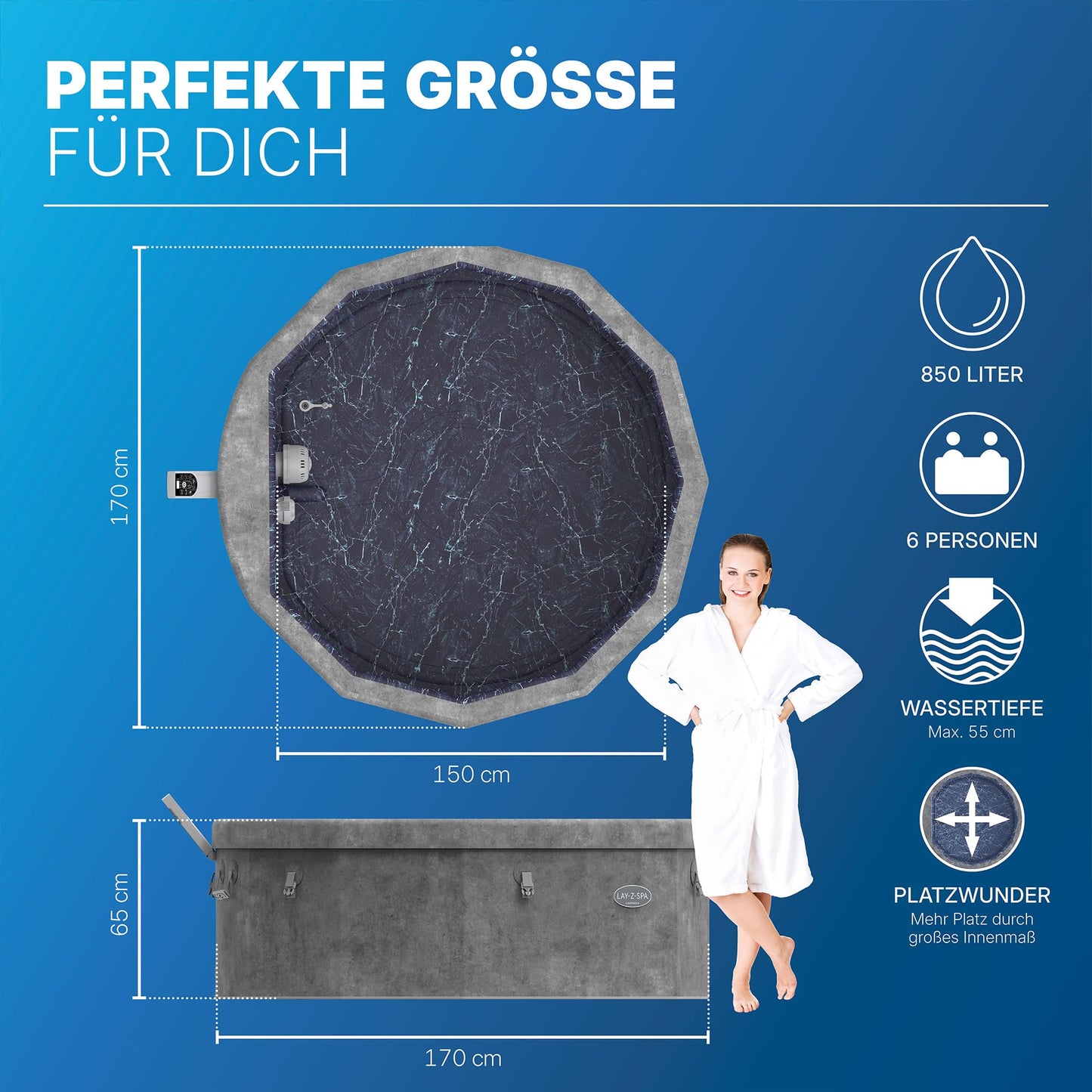 Bestway® Lay-Z-SPA® Energiespar-Whirlpool mit Schaumstoffpaneelen Carrara AirJet™ mit App-Steuerung + integrierter UltraFit™ -Pumpeneinheit, für 6 Personen Ø 170 x 65 cm, Dunkle Alabaster-Optik