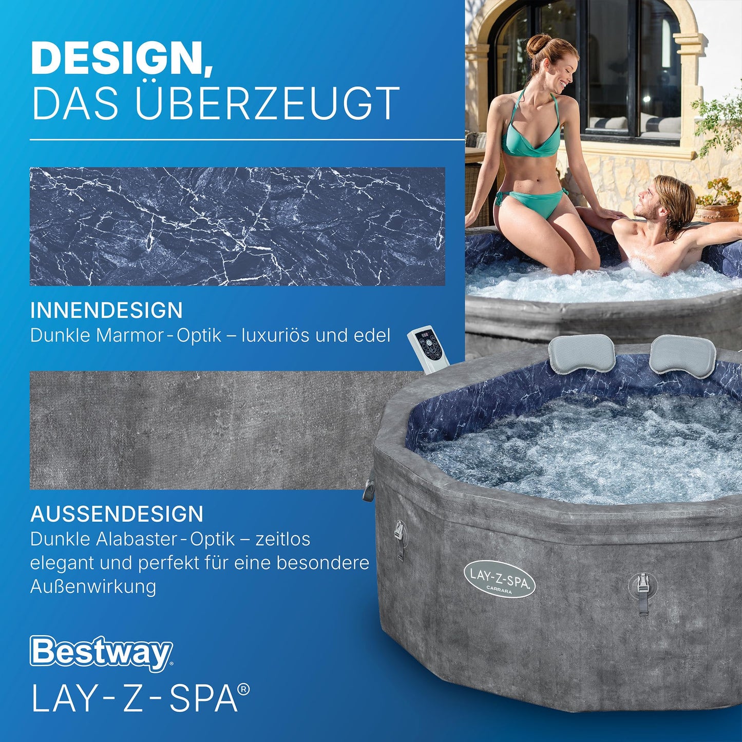 Bestway® Lay-Z-SPA® Energiespar-Whirlpool mit Schaumstoffpaneelen Carrara AirJet™ mit App-Steuerung + integrierter UltraFit™ -Pumpeneinheit, für 6 Personen Ø 170 x 65 cm, Dunkle Alabaster-Optik