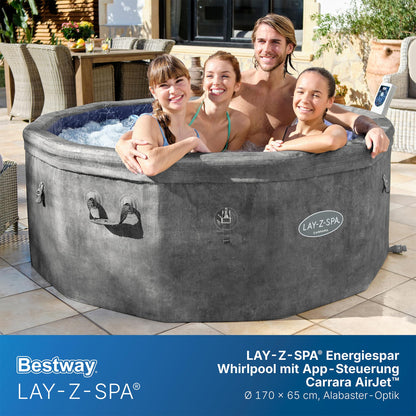 Bestway® Lay-Z-SPA® Energiespar-Whirlpool mit Schaumstoffpaneelen Carrara AirJet™ mit App-Steuerung + integrierter UltraFit™ -Pumpeneinheit, für 6 Personen Ø 170 x 65 cm, Dunkle Alabaster-Optik