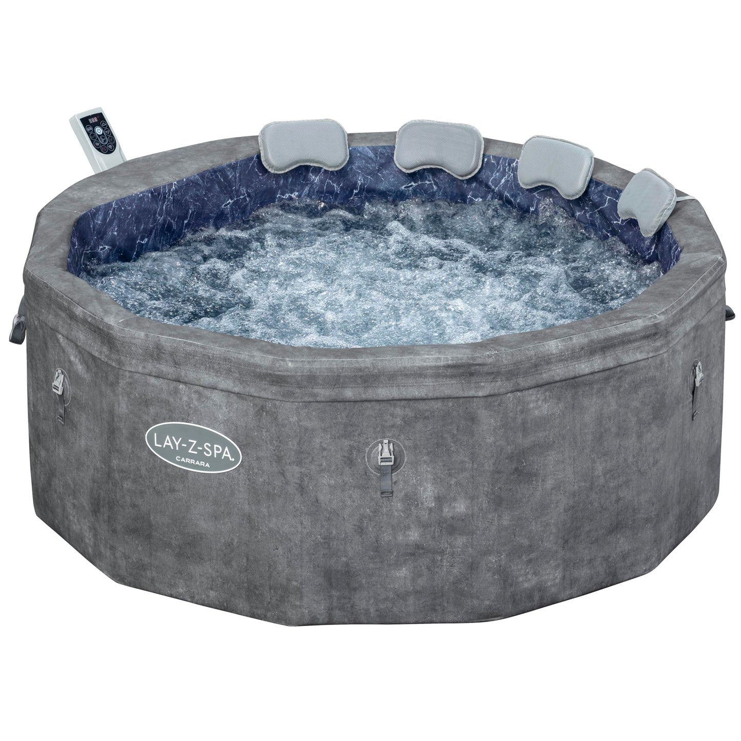 Bestway® Lay-Z-SPA® Energiespar-Whirlpool mit Schaumstoffpaneelen Carrara AirJet™ mit App-Steuerung + integrierter UltraFit™ -Pumpeneinheit, für 6 Personen Ø 170 x 65 cm, Dunkle Alabaster-Optik