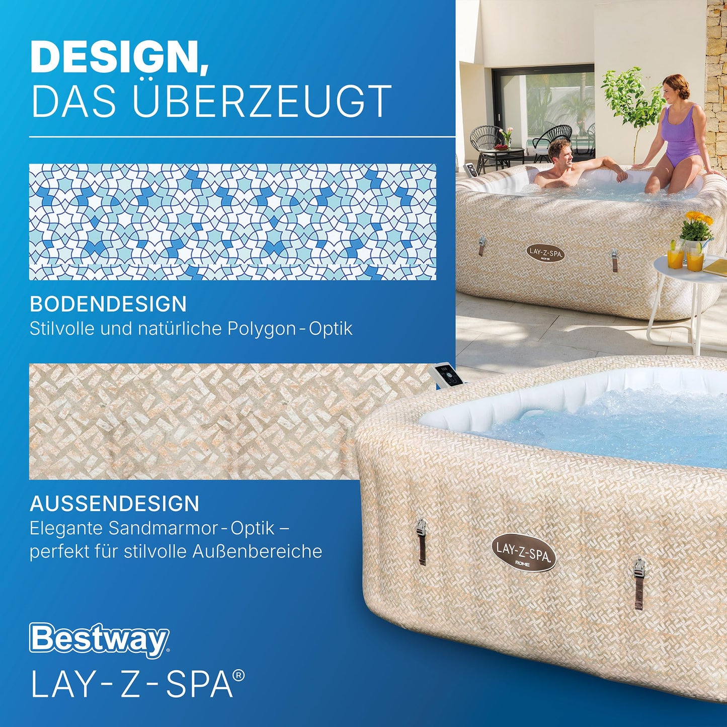 Bestway Lay-Z-SPA Whirlpool Rome AirJet, 201 x 201 x 71 cm, 7 Personen, Energiesparend, 180 AirJet-Düsen, App-Steuerung, UltraFit-Pumpeneinheit, Thermo-Abdeckung, TÜV Rheinland, Sandmarmor-Optik