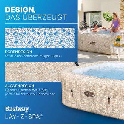 Bestway Lay-Z-SPA Whirlpool Rome AirJet, 201 x 201 x 71 cm, 7 Personen, Energiesparend, 180 AirJet-Düsen, App-Steuerung, UltraFit-Pumpeneinheit, Thermo-Abdeckung, TÜV Rheinland, Sandmarmor-Optik